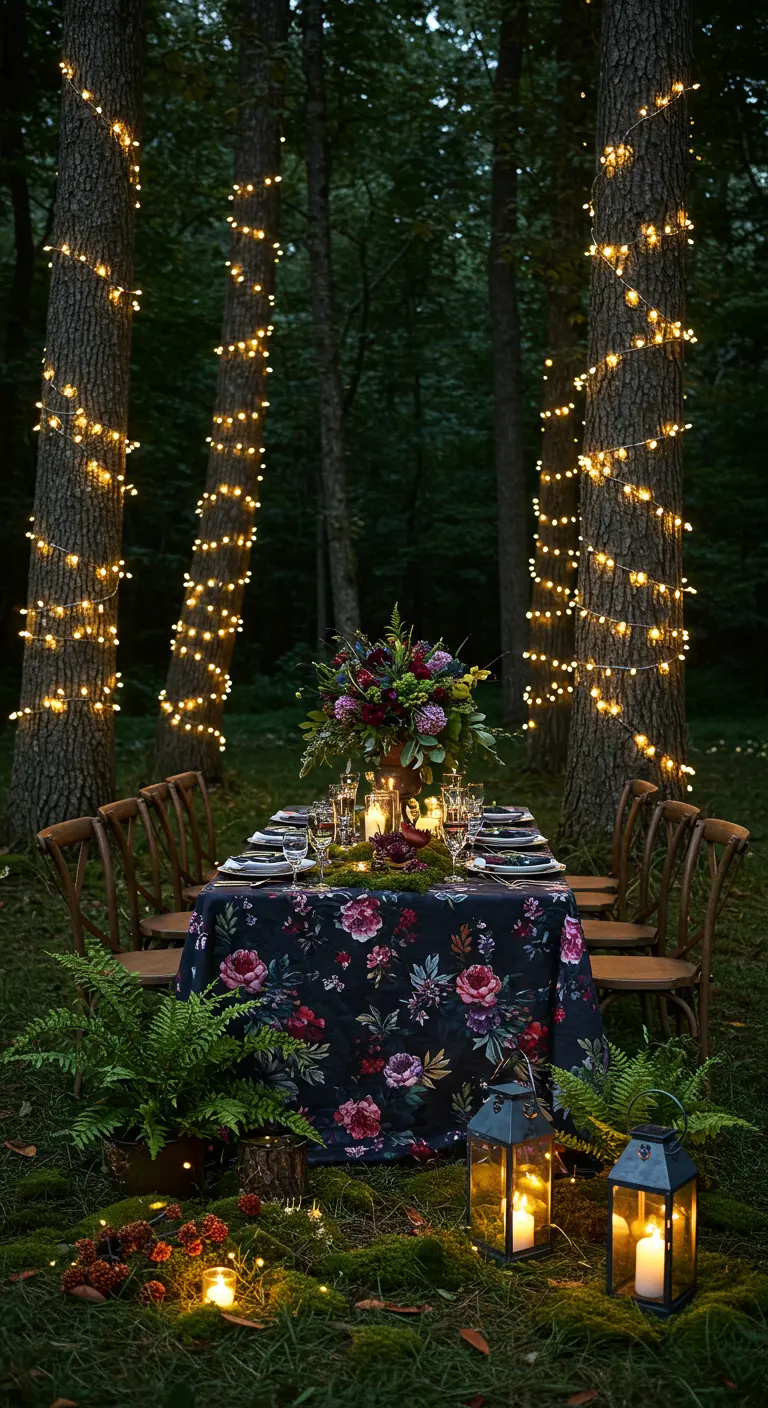 Table de dîner en forêt, avec des arbres enroulés de guirlandes lumineuses et une nappe florale foncée.