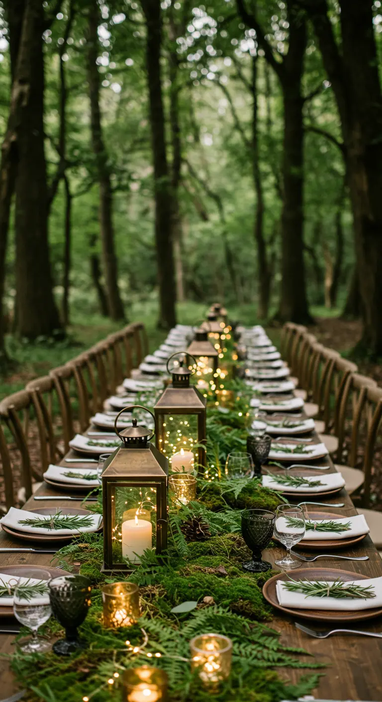 Longue table en forêt avec une guirlande de lanternes et de verdure.