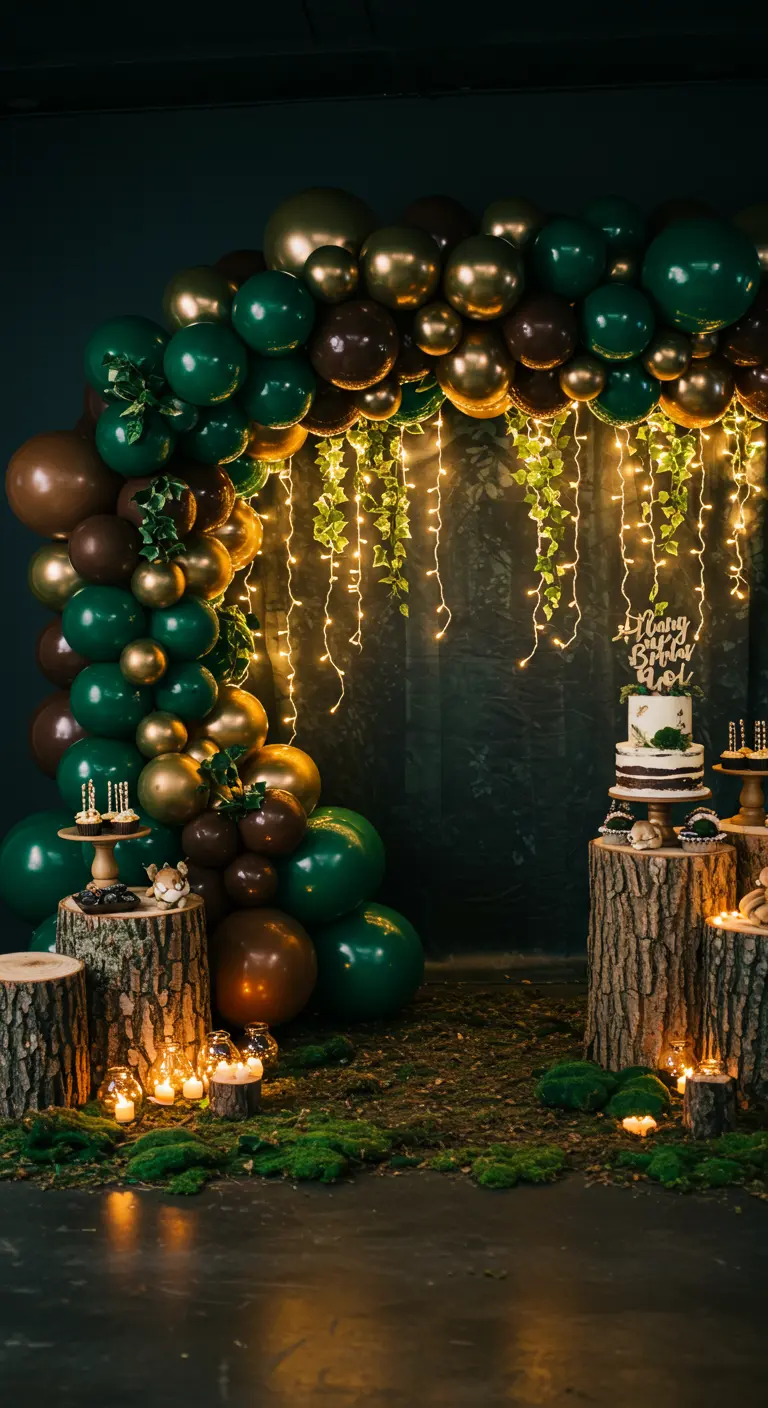 Arche de ballons vert et or sur fond sombre avec guirlandes lumineuses et mousse.