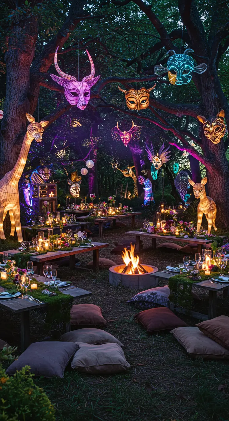 Jardin forestier la nuit avec masques tribaux lumineux, animaux lumineux et feu de camp central.