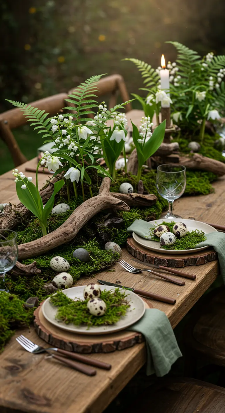 Centre de table inspiré de la forêt avec de la mousse, du bois flotté et du muguet.