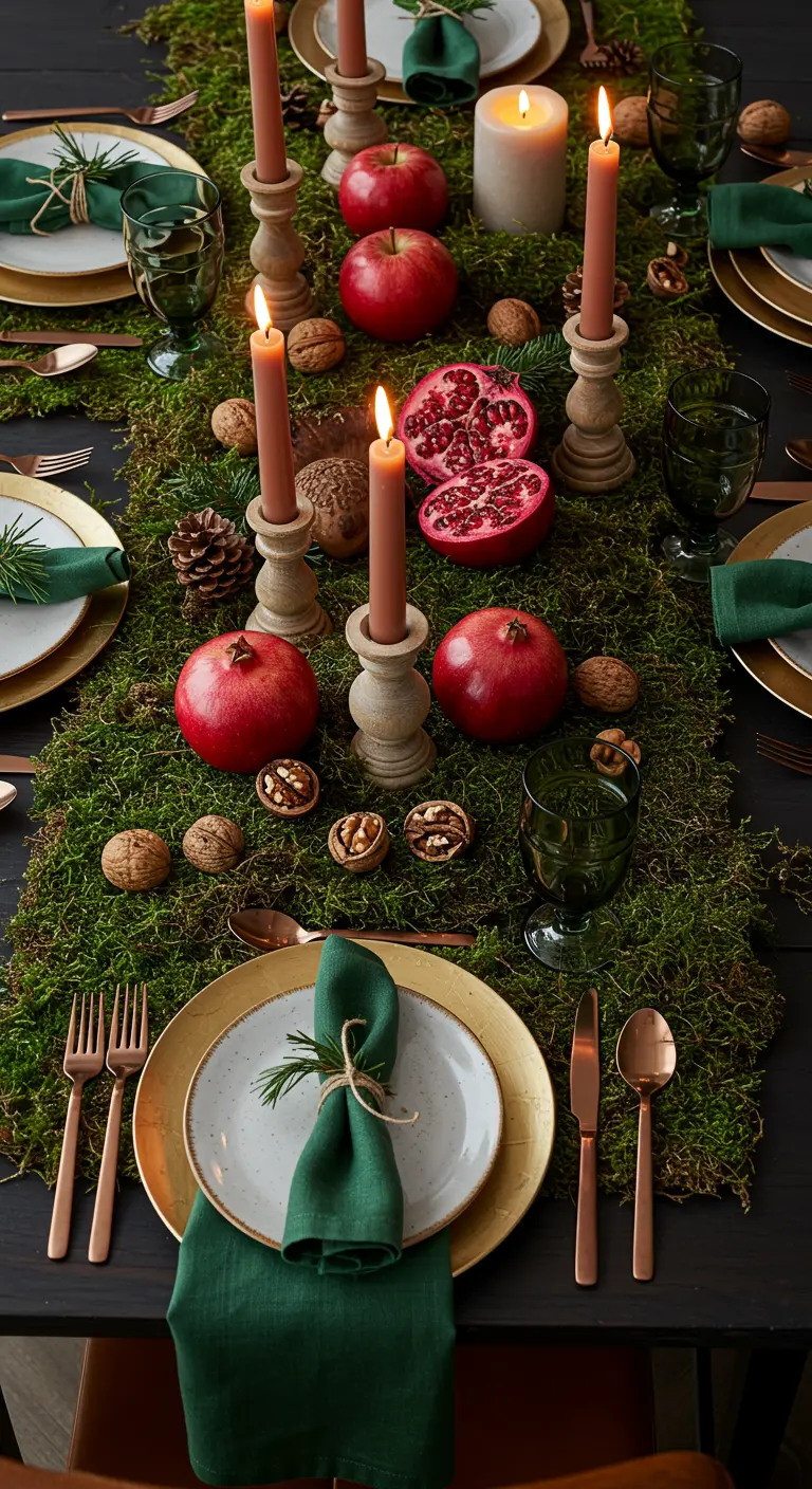 Chemin de table en mousse avec bougies couleur terre, pommes rouges, grenades, noix et pommes de pin.
