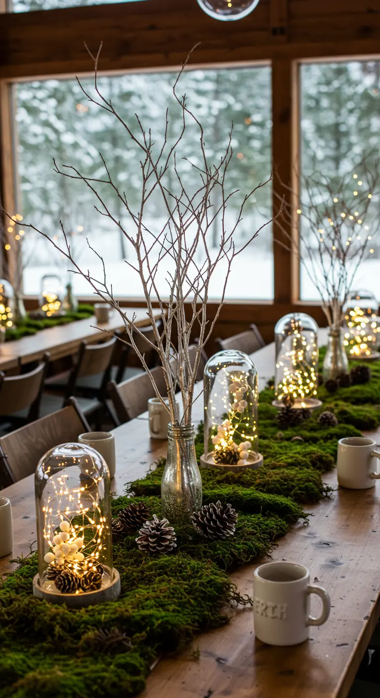Longue table en bois avec chemin de table en mousse, branches, pommes de pin et cloches lumineuses.