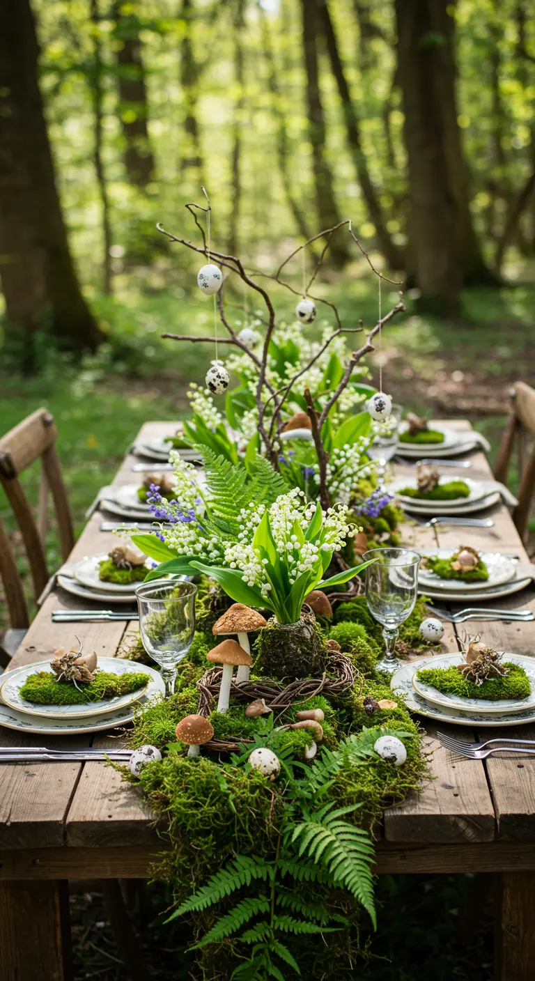 Table de Pâques en forêt avec un chemin de table en mousse, du muguet et des champignons.