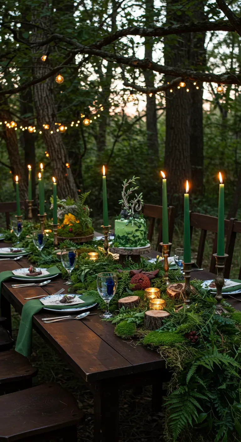 Table en forêt avec un centre de table de mousse, succulentes et bougies vertes.