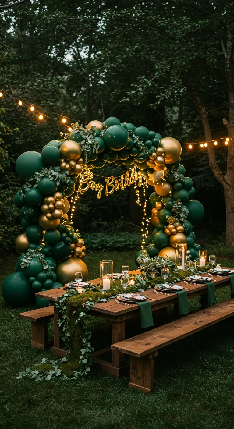 Arche de ballons vert et or dans un jardin avec une table en bois dressée.
