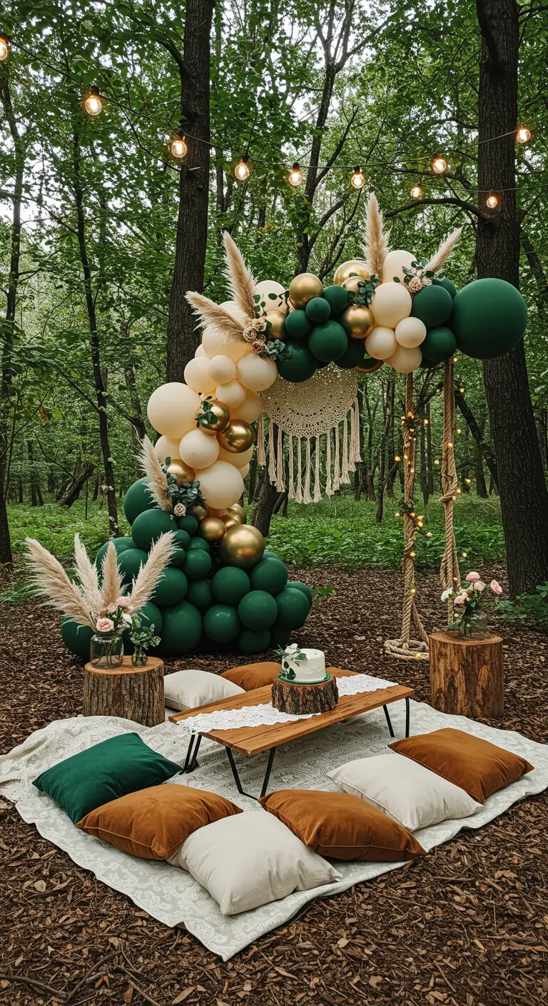 Arche de ballons verts, crèmes et dorés en forêt avec une installation pique-nique.