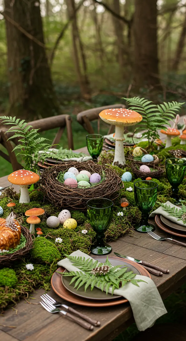 Table de Pâques sur le thème de la forêt avec de la mousse, des nids et des champignons.