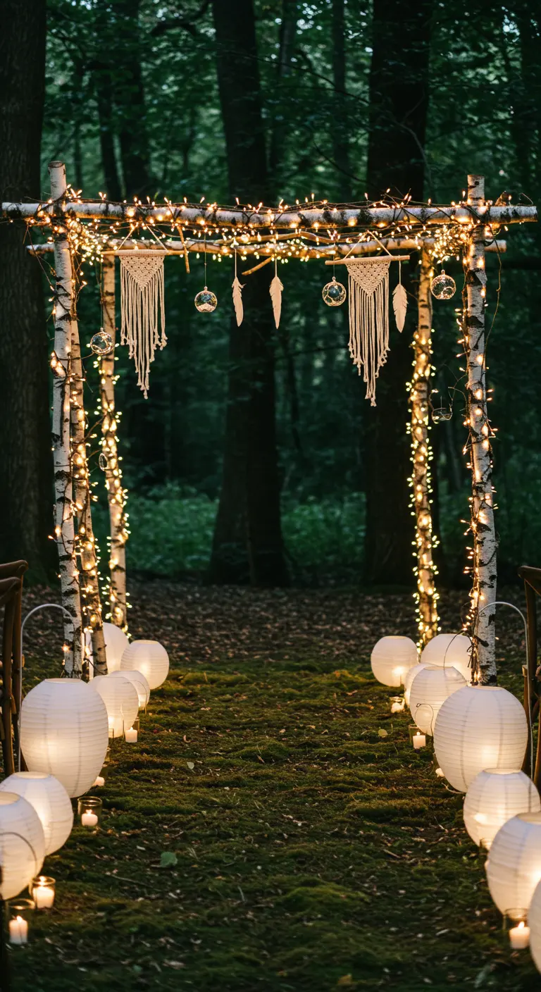 Arche en bouleau illuminée de guirlandes dans une forêt, avec des lanternes au sol.