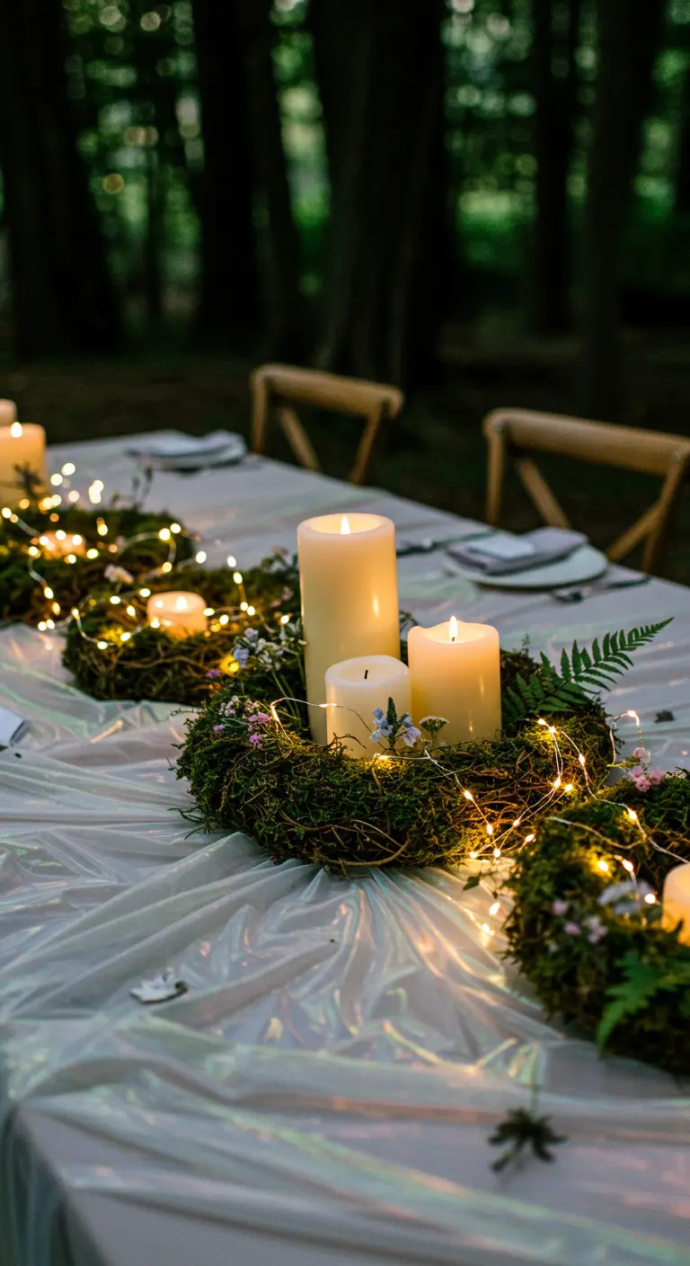 Centre de table nocturne avec couronnes de mousse, bougies et guirlandes lumineuses