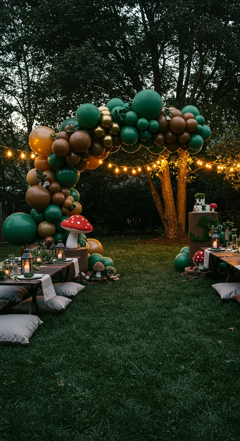 Arche de ballons verts et or avec des guirlandes lumineuses pour une fête en forêt.