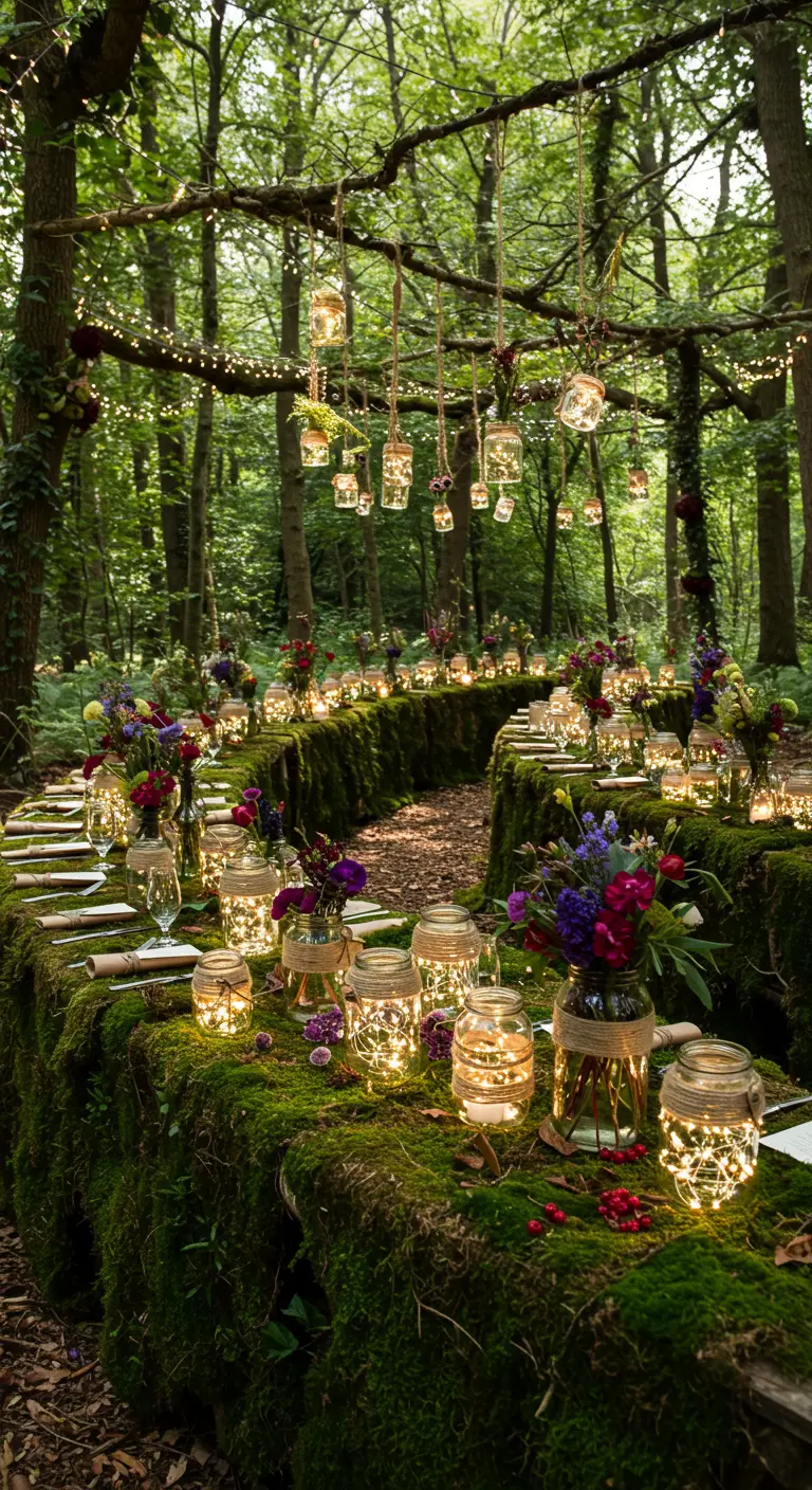 Tables de réception couvertes de mousse dans une forêt, bocaux lumineux et fleurs des bois.