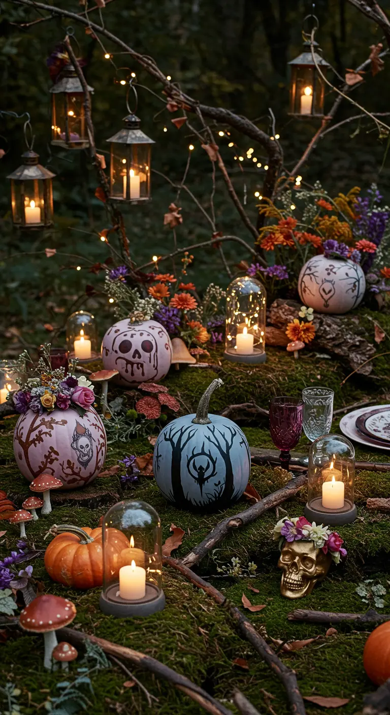 Décoration de forêt d'Halloween avec citrouilles peintes, cloches en verre, crânes floraux et lanternes