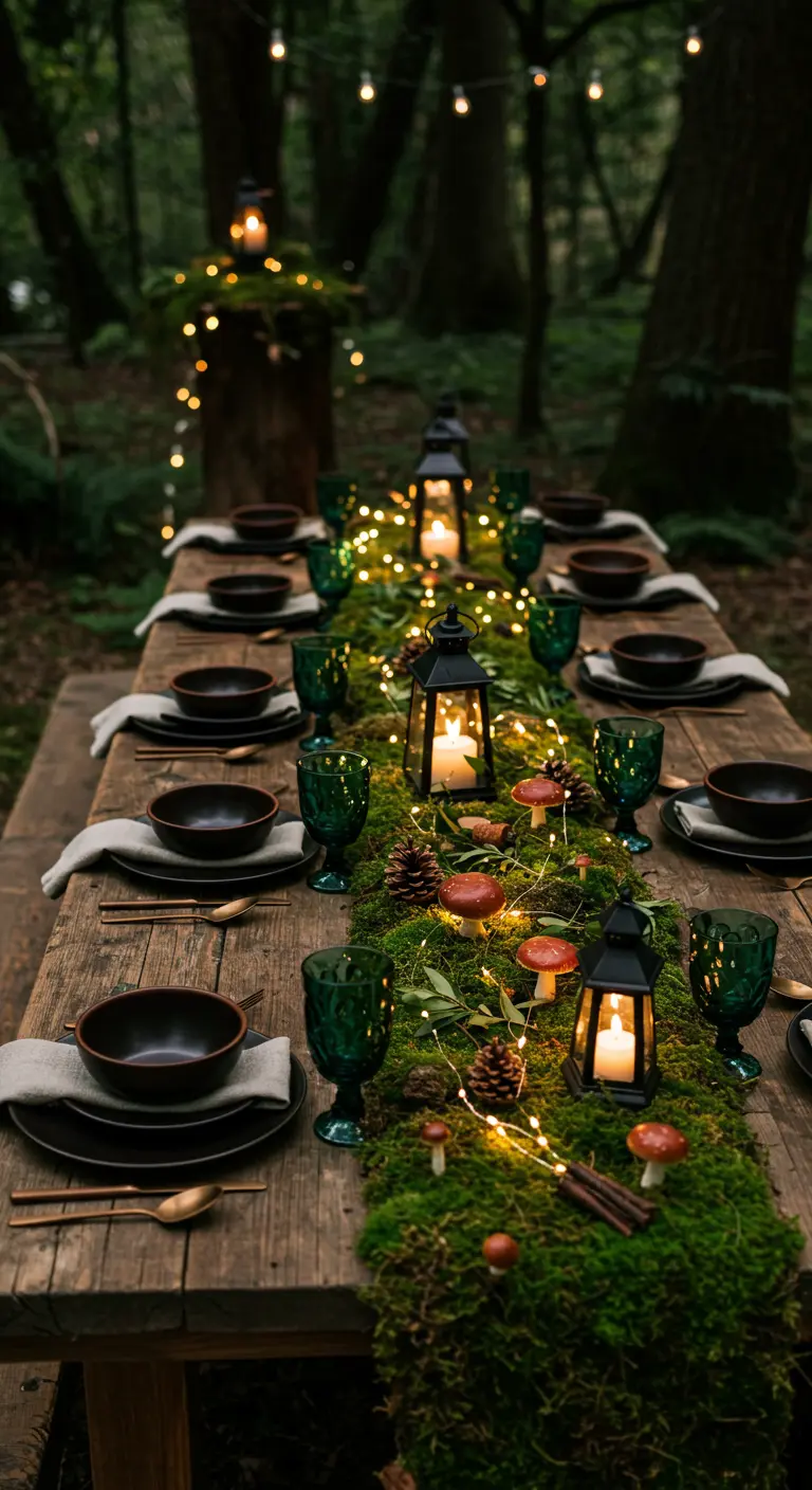 Table en bois dans une forêt avec un chemin de table en mousse, guirlande lumineuse, lanternes et champignons.