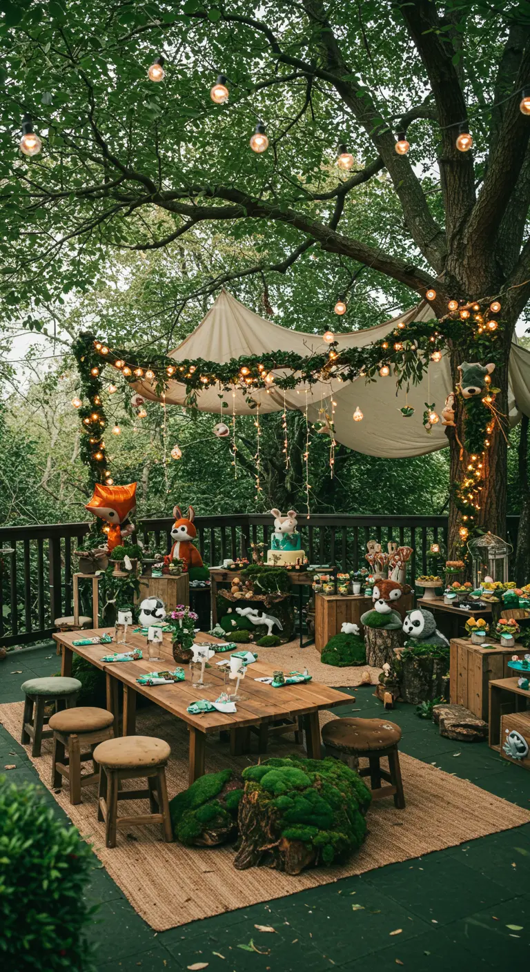 Terrasse décorée en forêt enchantée avec animaux en peluche et guirlandes.