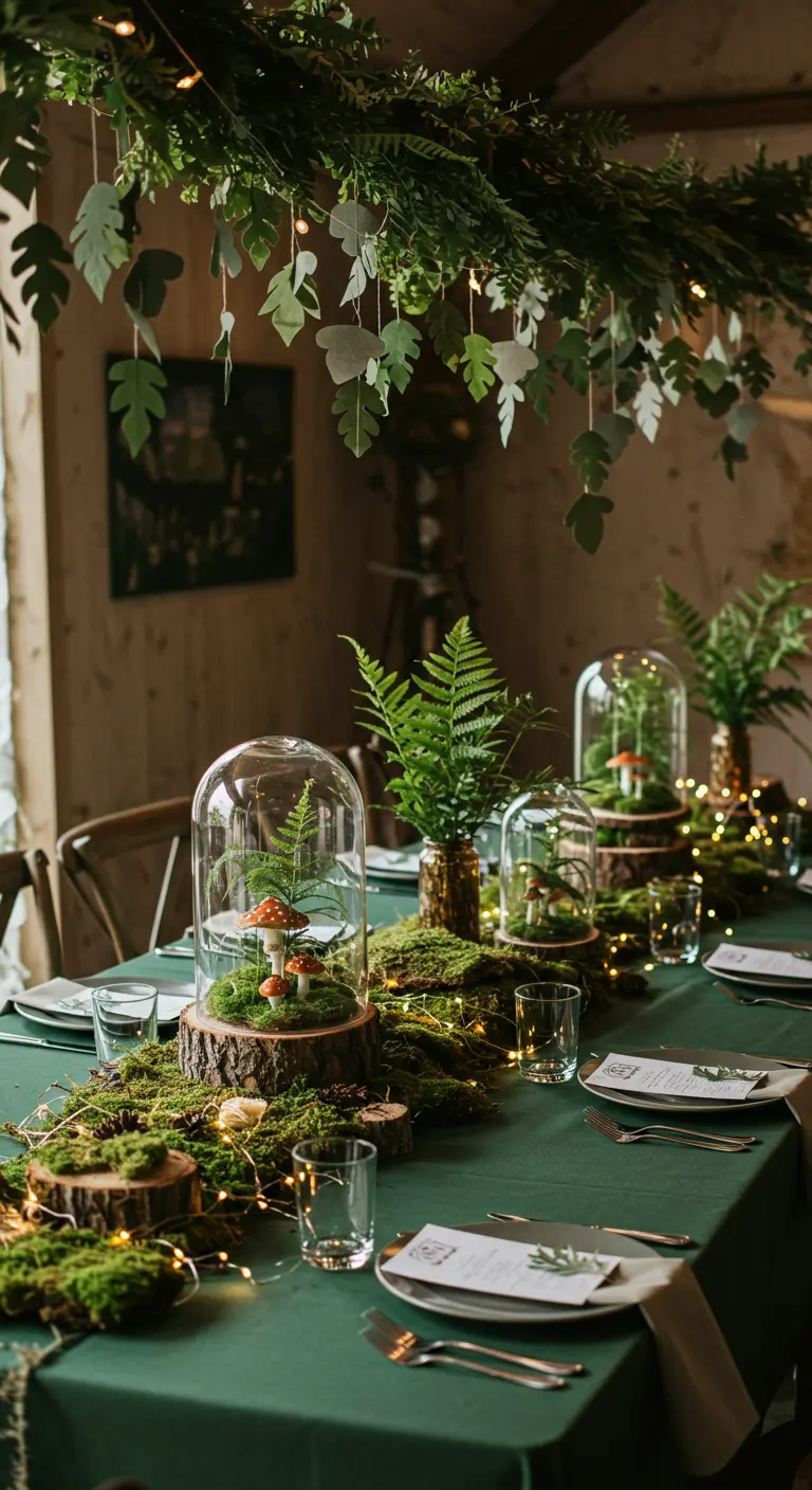 Table de fête thème forêt avec chemin de table en mousse, cloches en verre, champignons miniatures et lumières.
