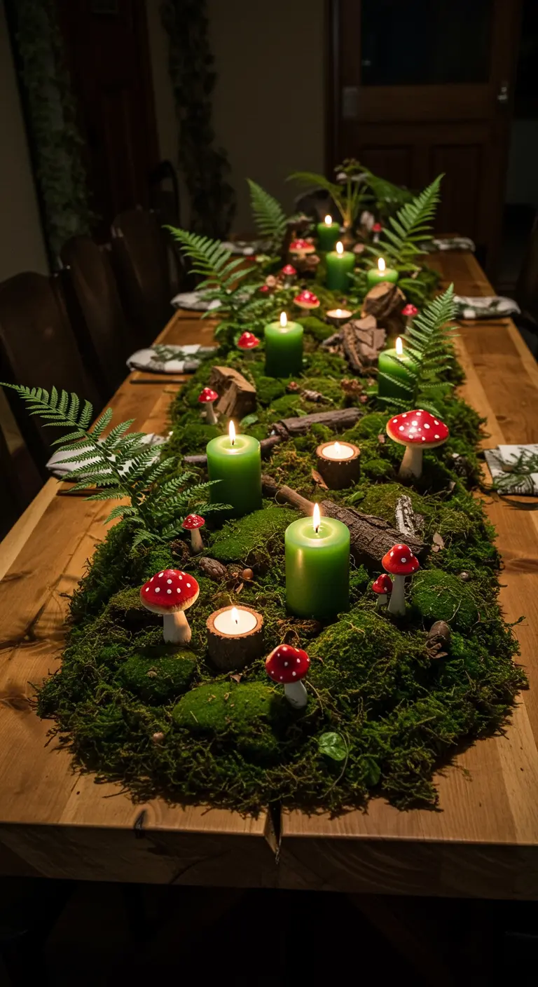 Centre de table féerique avec mousse, fougères, champignons et bougies vertes.