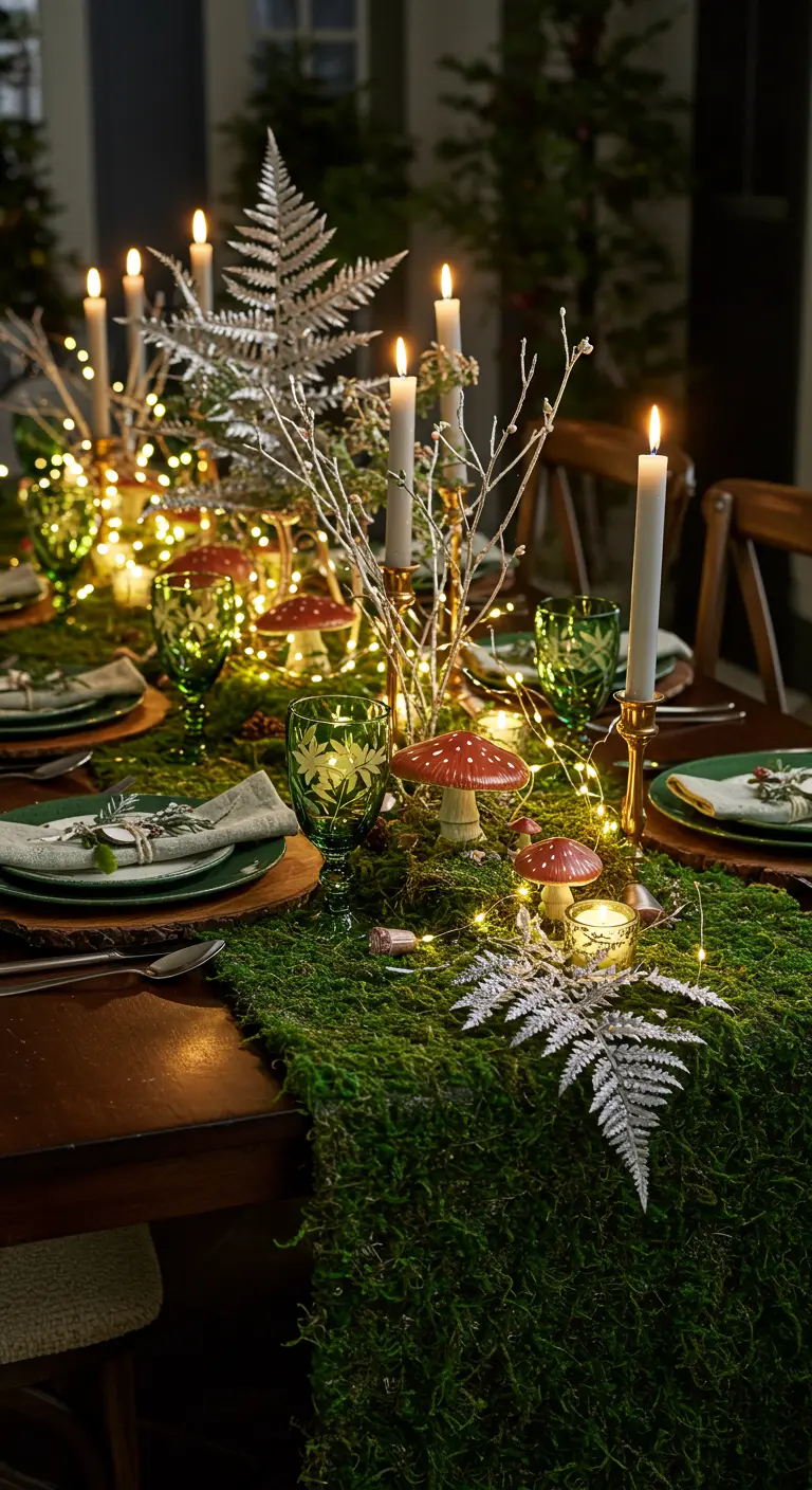 Table de fête avec un chemin de table en mousse, des champignons décoratifs et des guirlandes lumineuses.