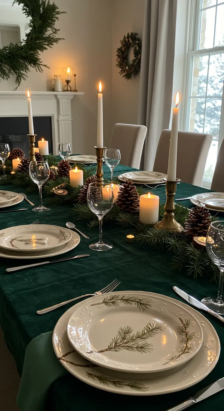 Table de fête hivernale avec des assiettes décorées de motifs de pin et des bougies.