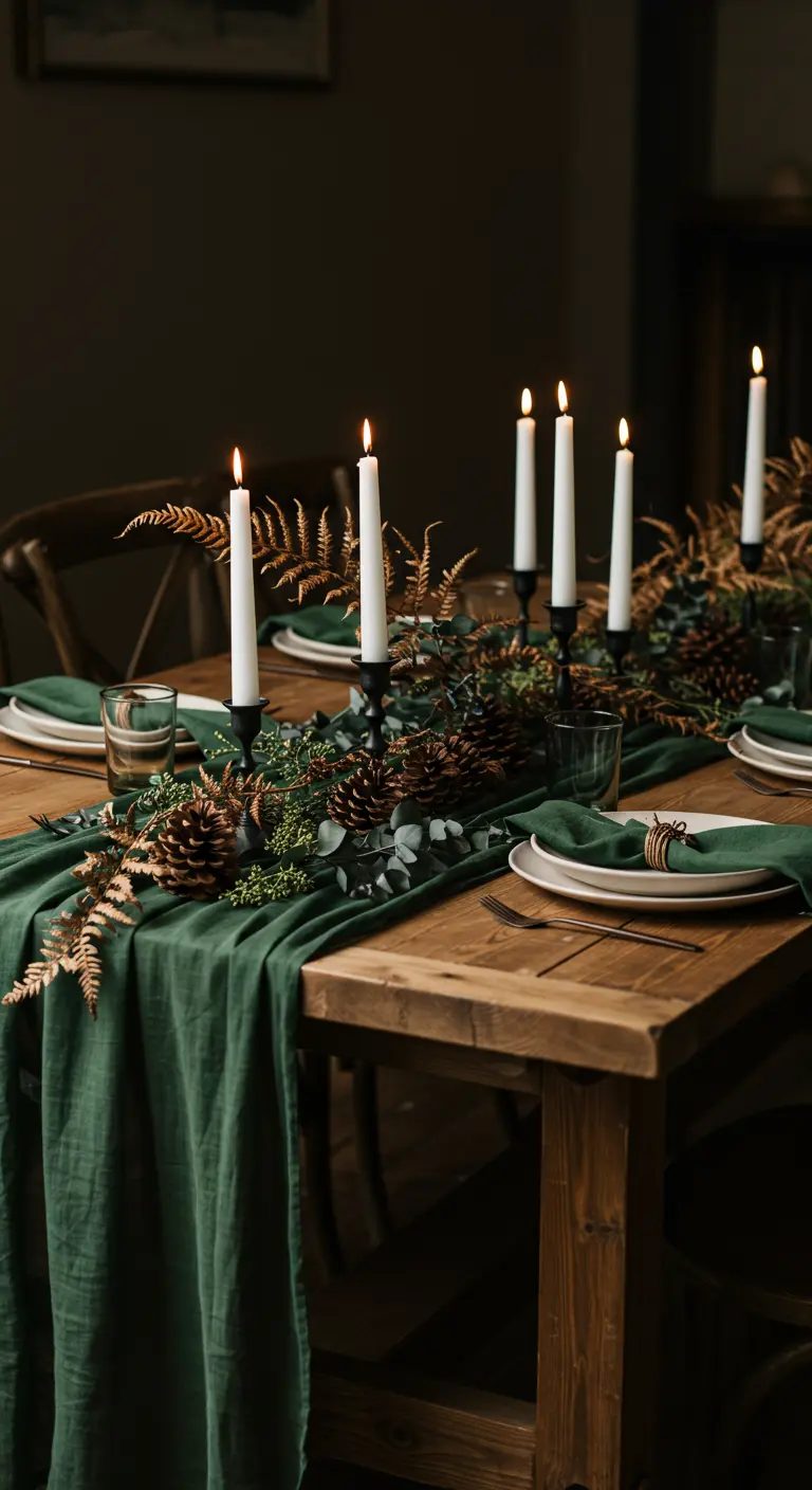 Table en bois foncé, chemin de table vert émeraude, bougeoirs noirs, pommes de pin et feuillage.