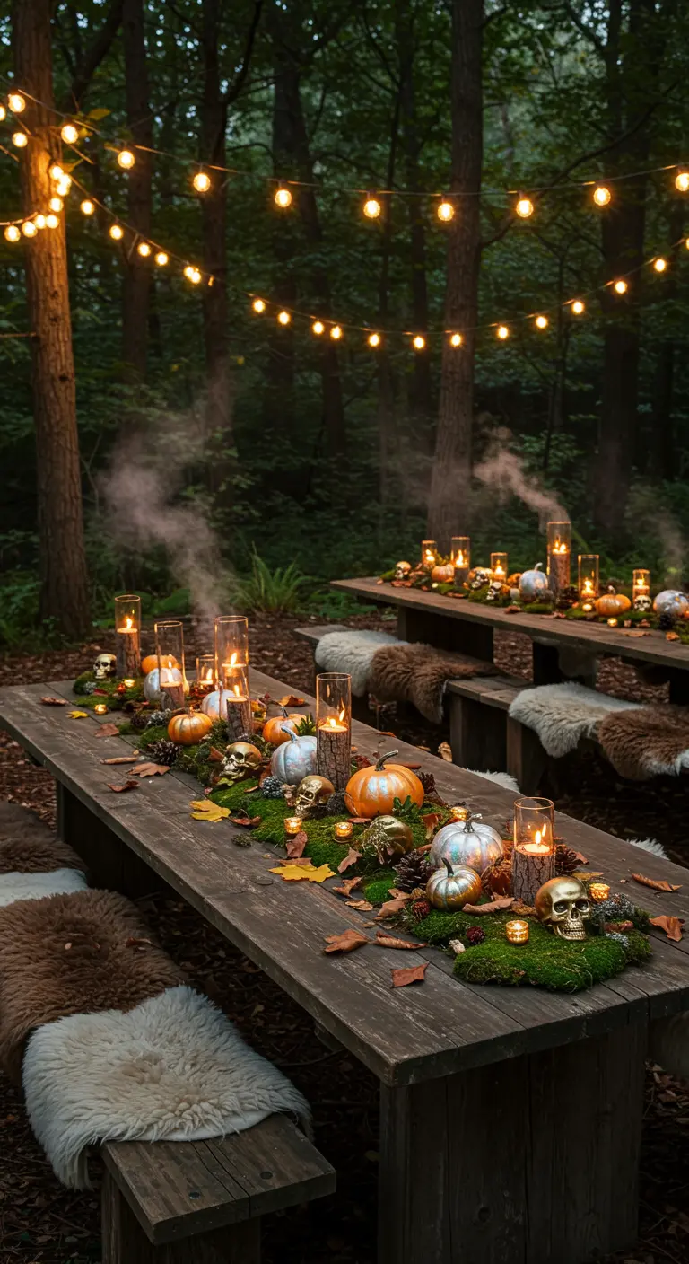Tables de pique-nique en forêt avec chemin de mousse, citrouilles, bougies et brume