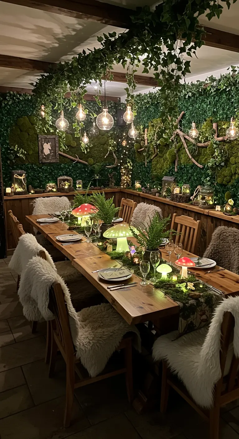 Table en bois décorée de champignons lumineux et de verdure luxuriante, sous des guirlandes.