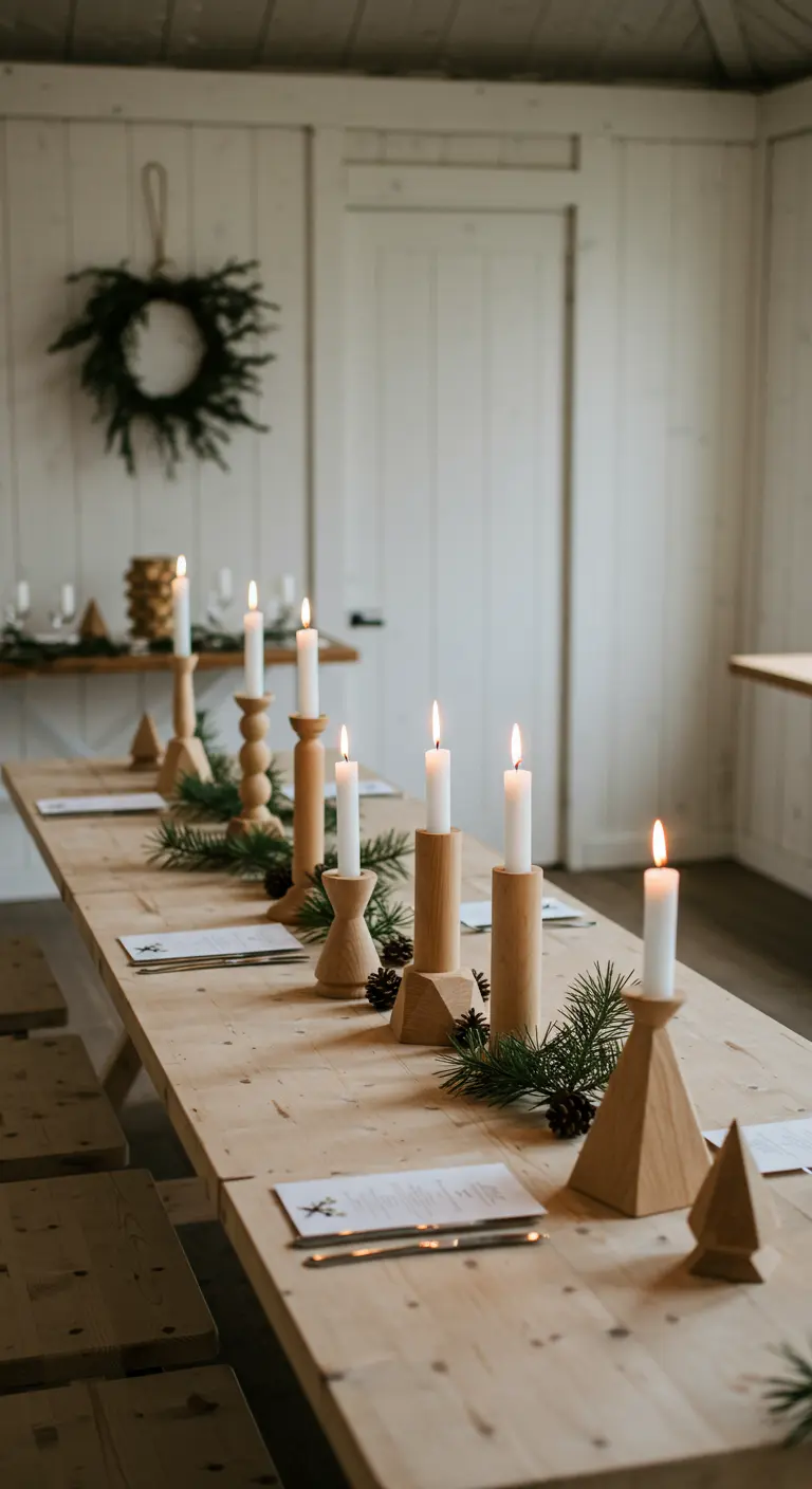 Table en bois clair avec des bougeoirs en bois de formes géométriques et des branches de pin.
