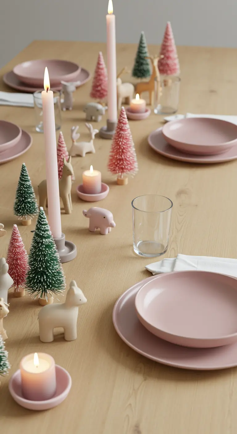 Décor de table de Noël rose et vert avec des mini-sapins et des figurines d'animaux.