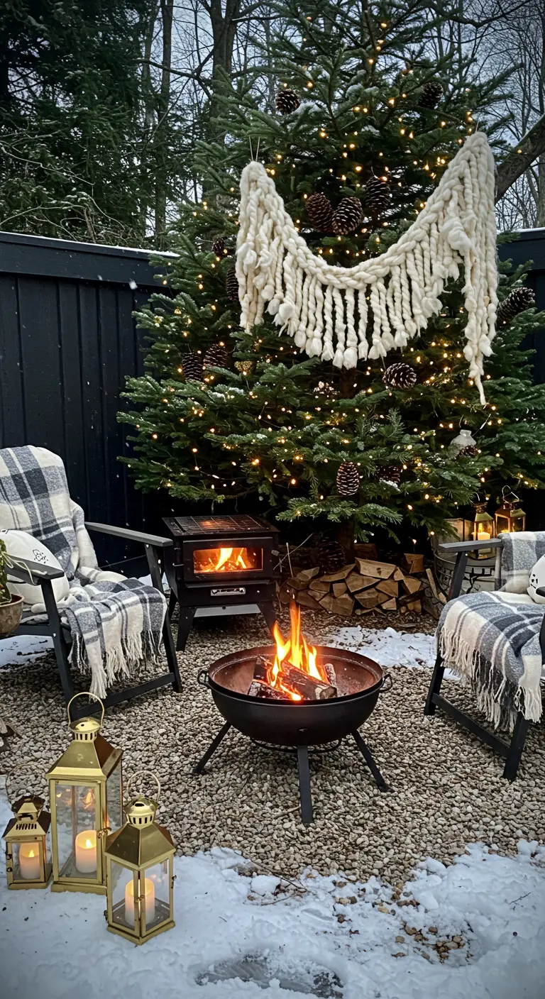 Coin jardin enneigé avec brasero, sapin de Noël illuminé et plaids à carreaux.