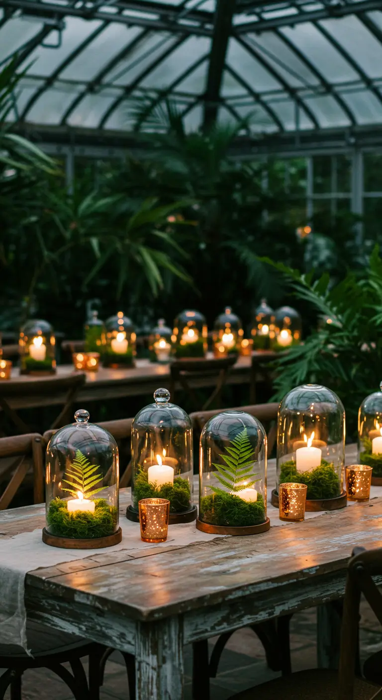 Centres de table avec bougies sous cloches en verre, mousse et fougères.