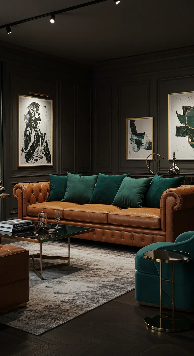Canapé Chesterfield en cuir marron dans un salon sombre avec des coussins en velours vert foncé.