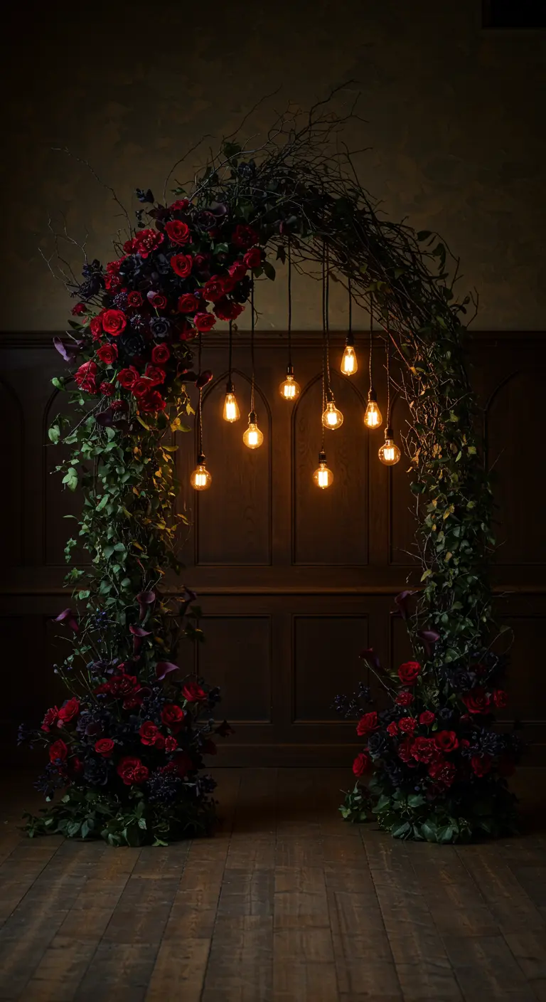 Arche sombre et romantique avec des branches, des roses rouges et des ampoules suspendues.