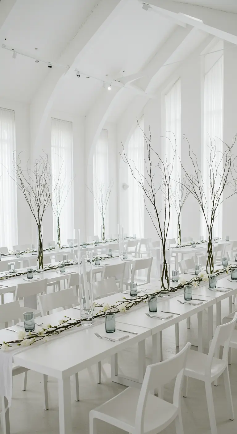 Salle de réception toute blanche avec de longues tables et de fines branches dans des vases hauts.