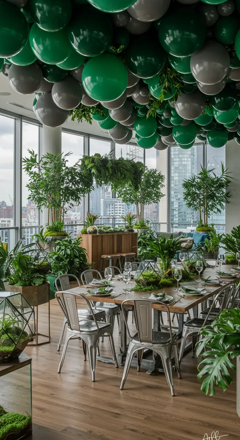 Salle de réception remplie de plantes et de ballons verts et gris au plafond.