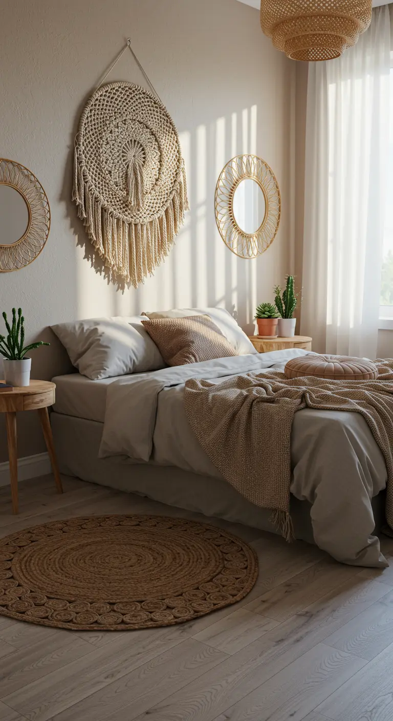Chambre bohème avec macramé mural rond, miroirs solaires, petits cactus et tapis en jute rond.