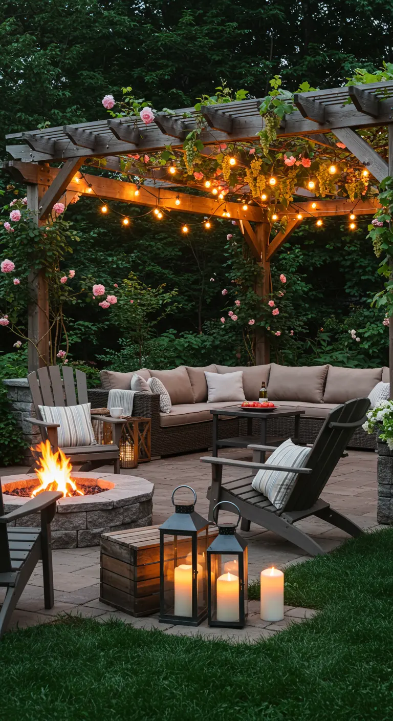 Salon extérieur cosy avec foyer, fauteuils en bois et pergola ornée de roses et de guirlandes lumineuses.
