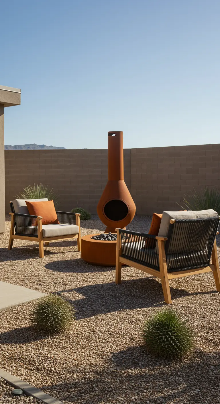 Deux fauteuils en bois clair et corde noire/grise avec coussins orange, un foyer extérieur moderne en métal rouillé, des cactus sur un lit de graviers.