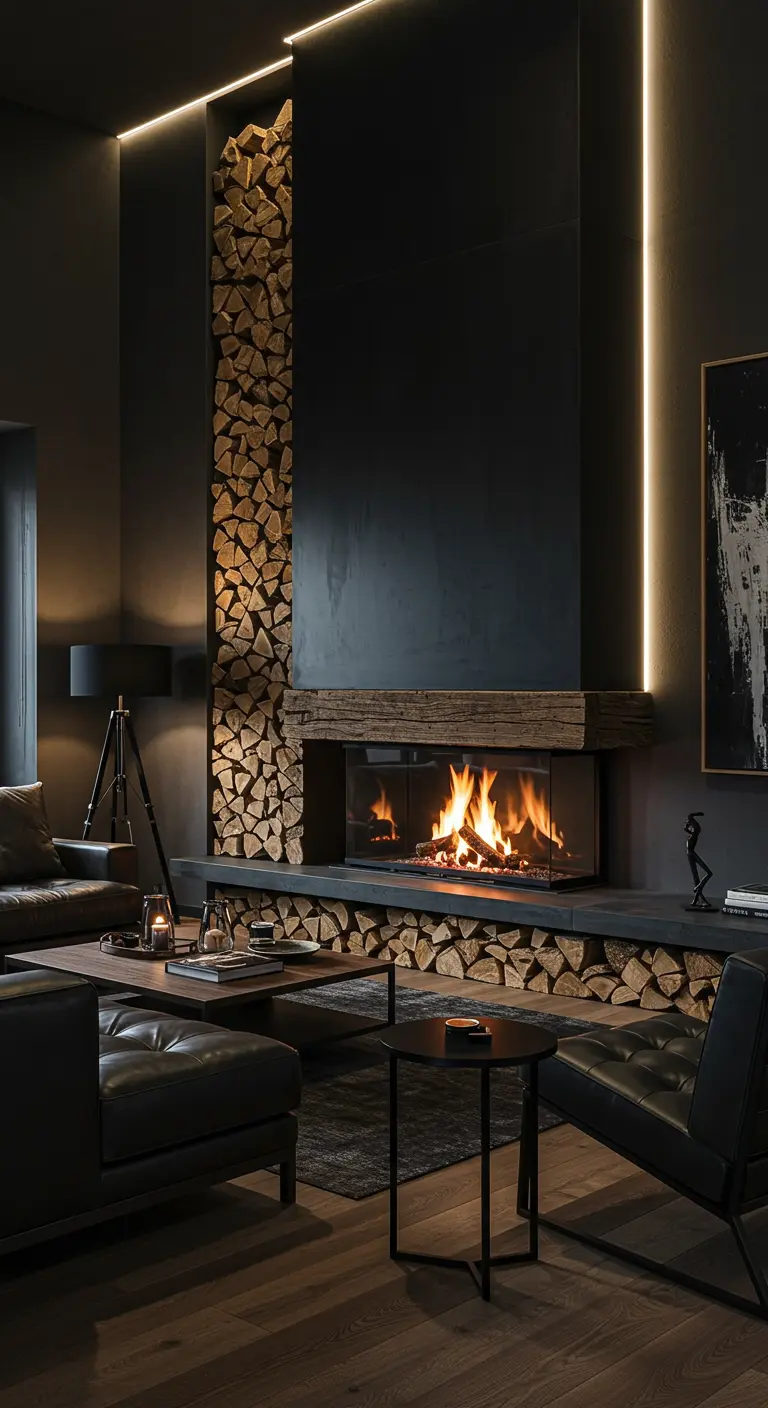 Salon sombre avec cheminée murale noire, bûches empilées et éclairage LED linéaire.