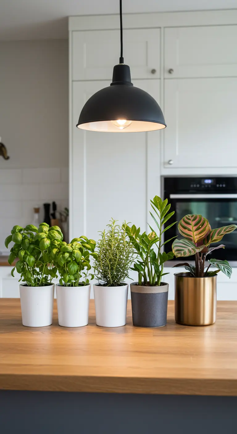 Comptoir de cuisine avec herbes aromatiques, Zamioculcas et Calathea en pots.
