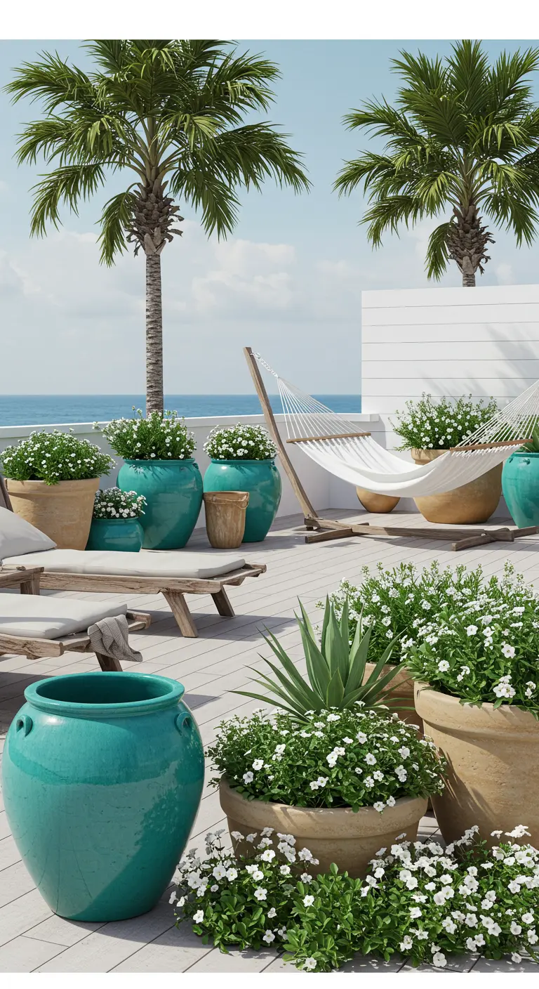 Terrasse au bord de l'eau avec des pots turquoise et terracotta, des plantes à fleurs blanches et un hamac.
