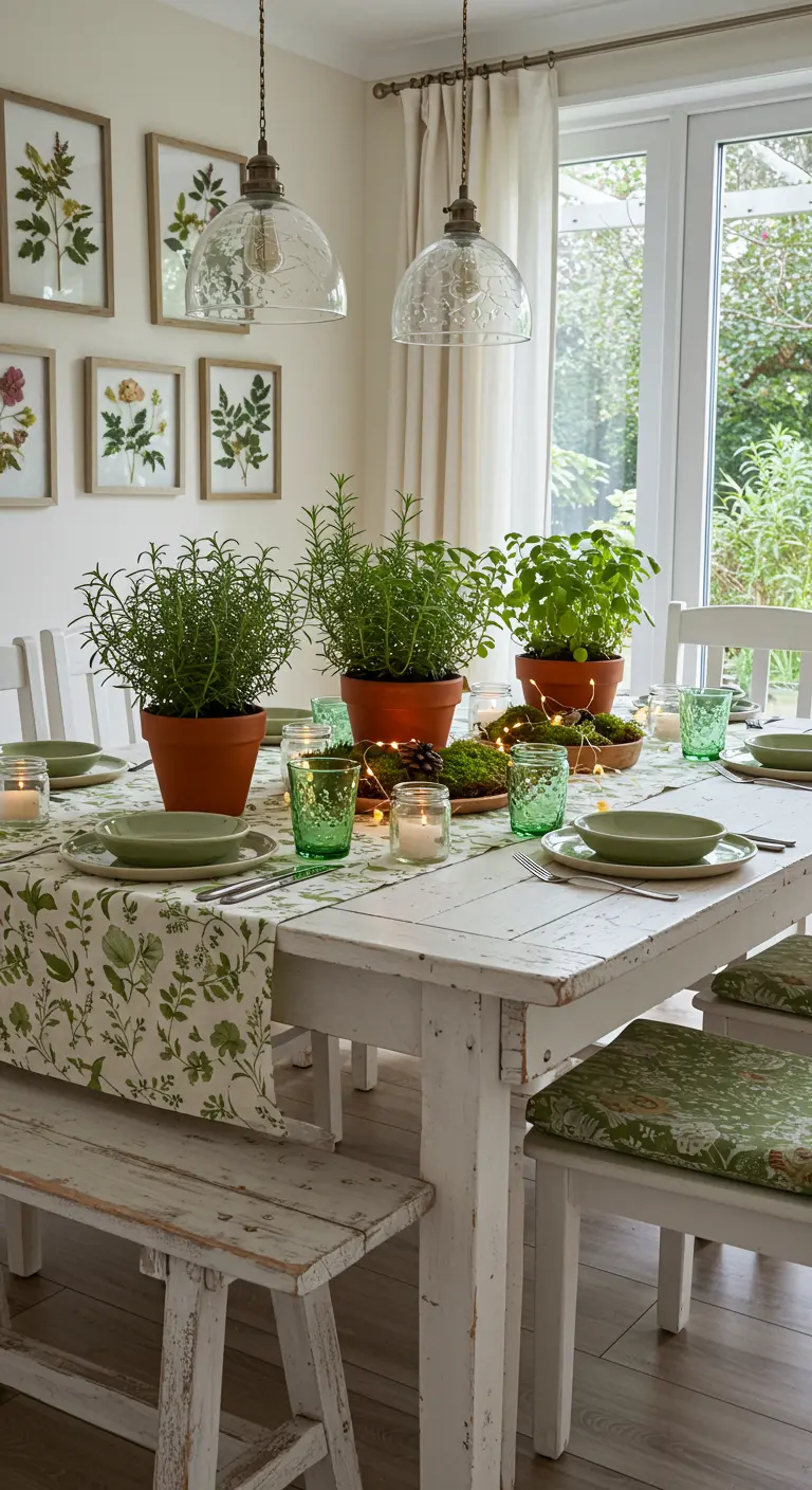 Table décorée d'herbes aromatiques en pots, de bougies et d'un chemin de table floral vert.