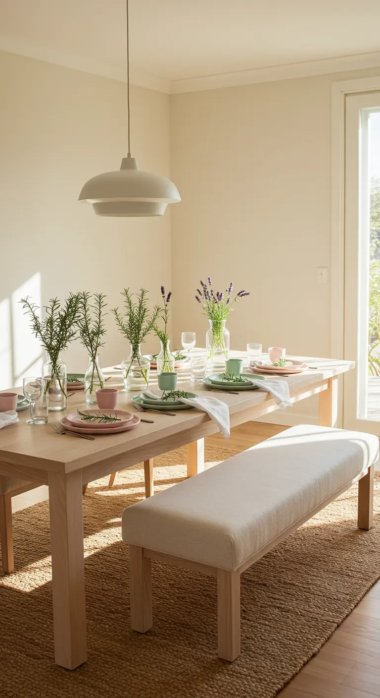 Table printanière avec romarin et lavande dans des mini-vases, vaisselle pastel et chemin de table naturel.