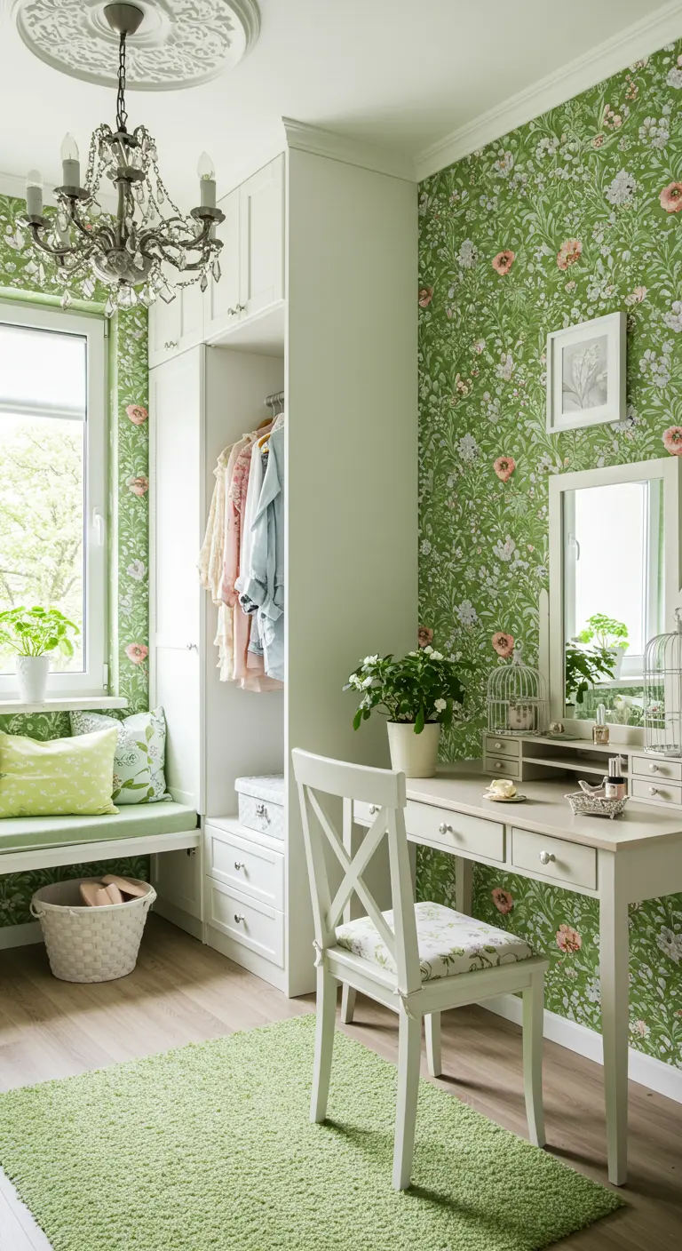 Dressing avec papier peint floral vert, banquette près de la fenêtre et coiffeuse blanche.