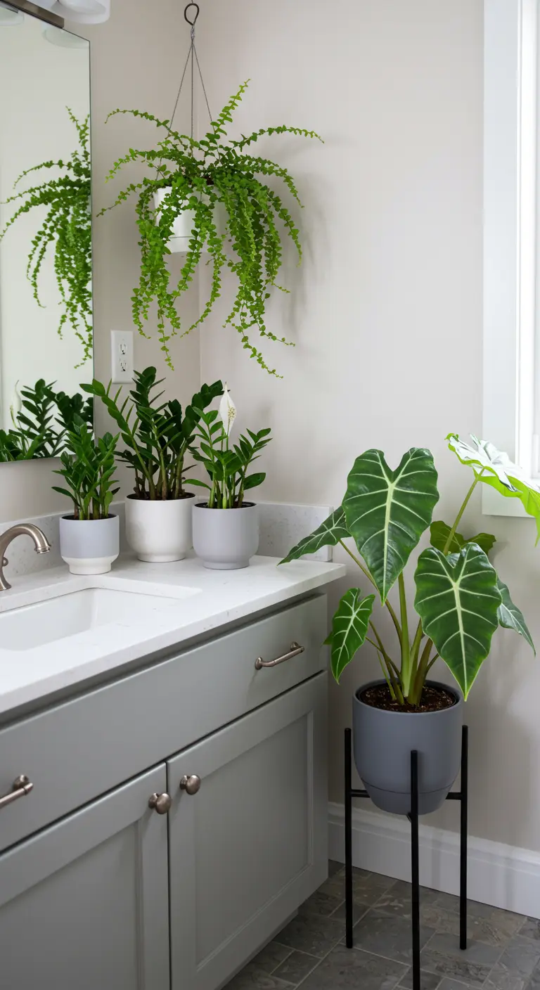 Vanité de salle de bain avec plantes en pots minimalistes, fougère suspendue, Alocasia.