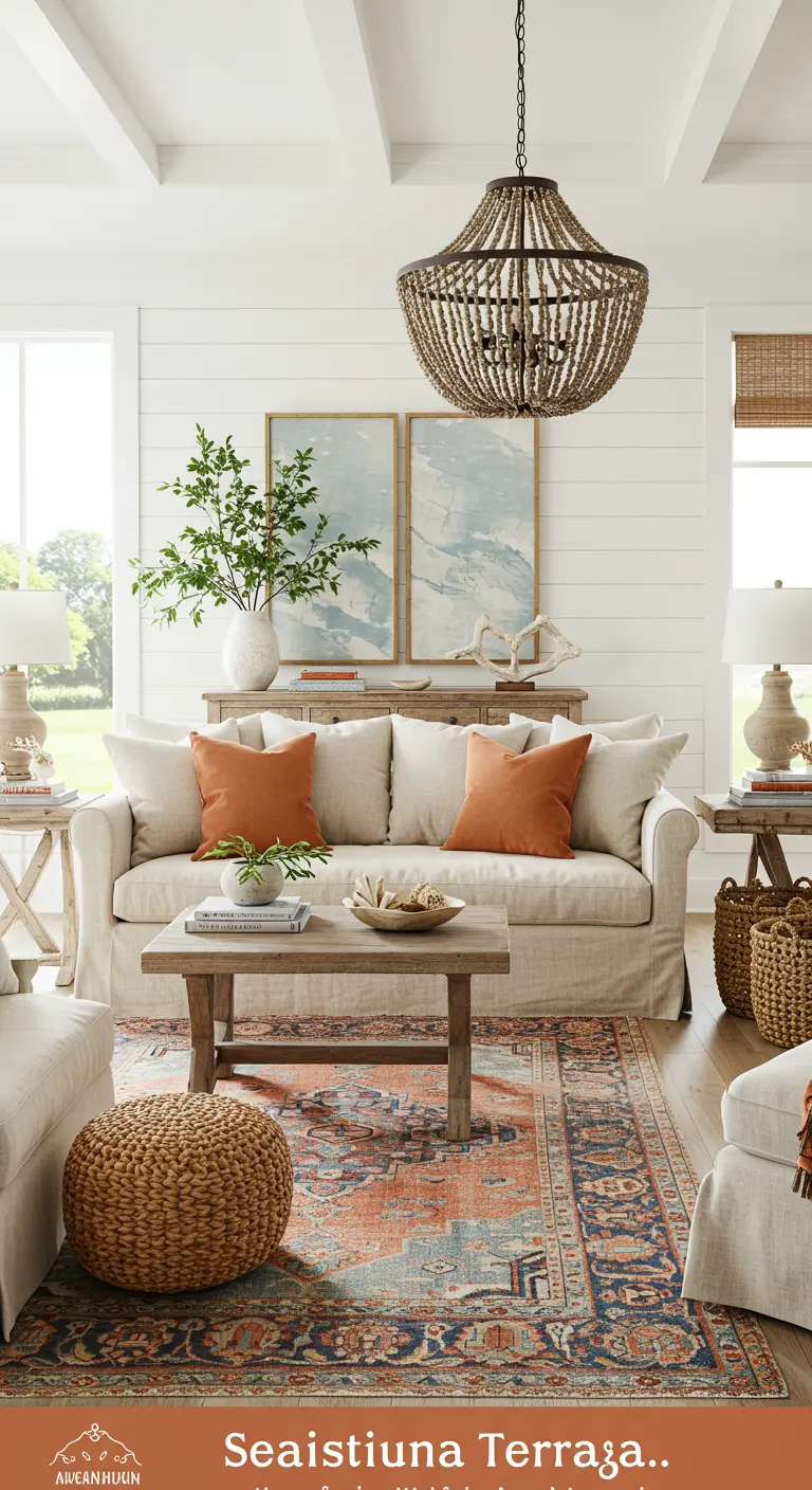 Salon de style côtier avec murs blancs, tapis persan et coussins terracotta.