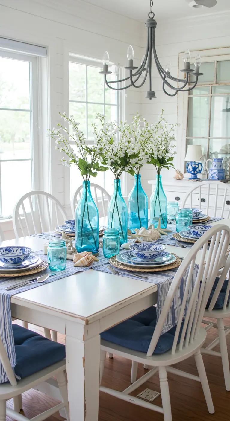 Table blanche avec des bouteilles bleues en vases pour des fleurs blanches, chemin de table rayé et coquillages.