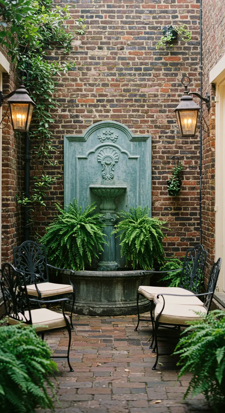 Cour en briques avec une fontaine patinée, des fougères et du mobilier en fer forgé.