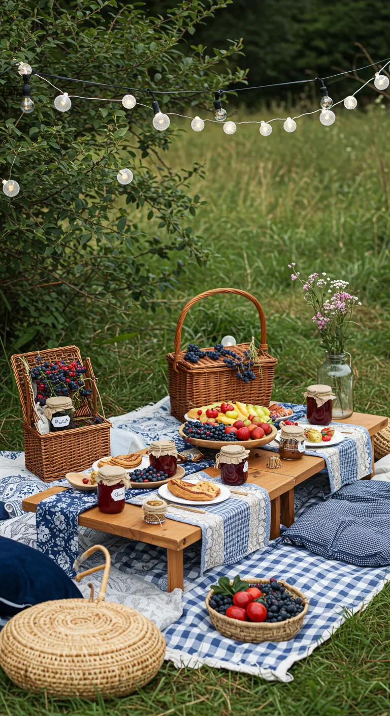 Pique-nique bleu et blanc avec fruits frais, confitures, paniers et nappe vichy.