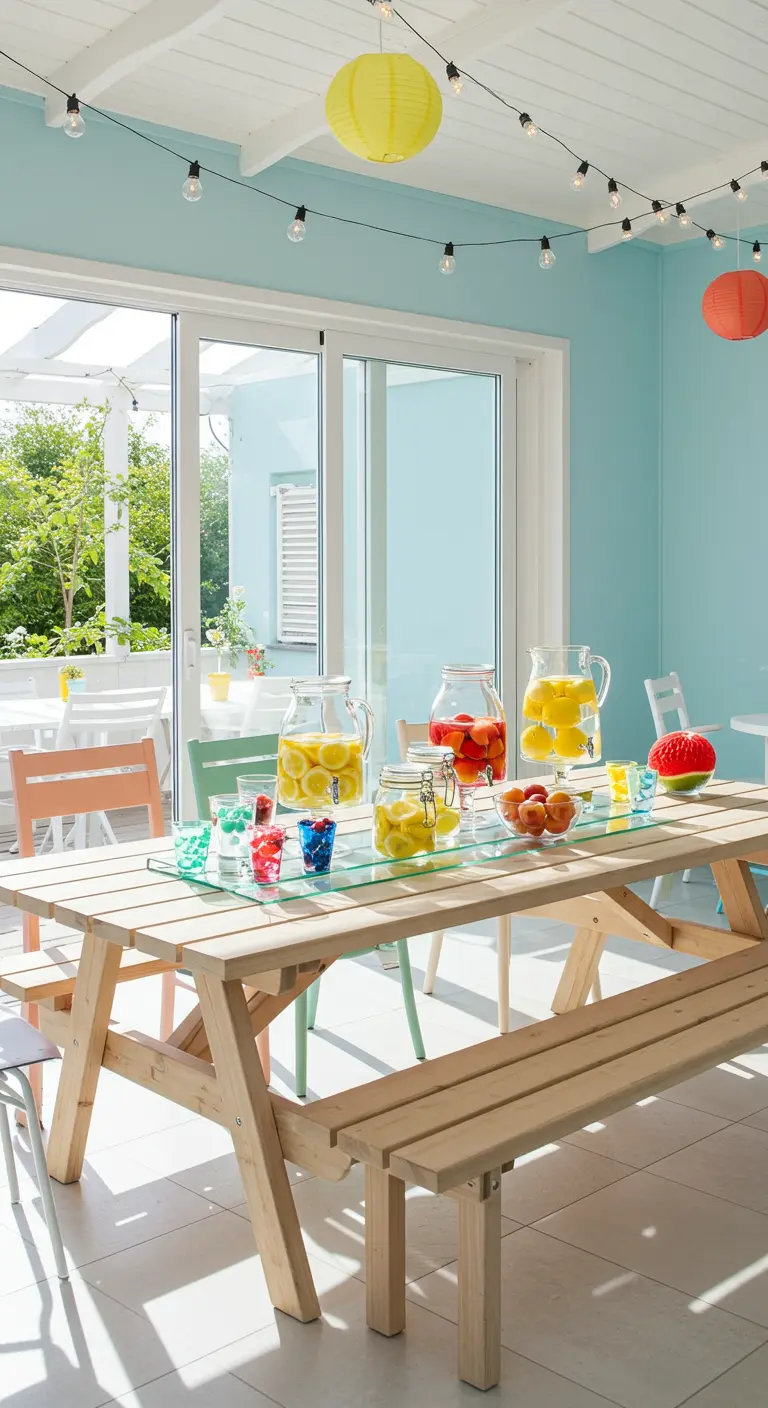 Table de pique-nique en bois en intérieur, avec de grands distributeurs de boissons aux fruits et des bonbons colorés.