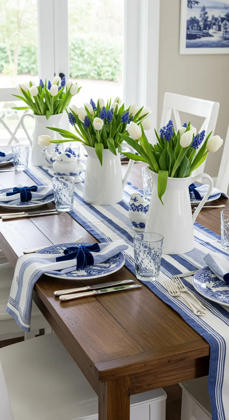 Table de Pâques en bleu et blanc avec chemin de table à rayures et tulipes blanches.